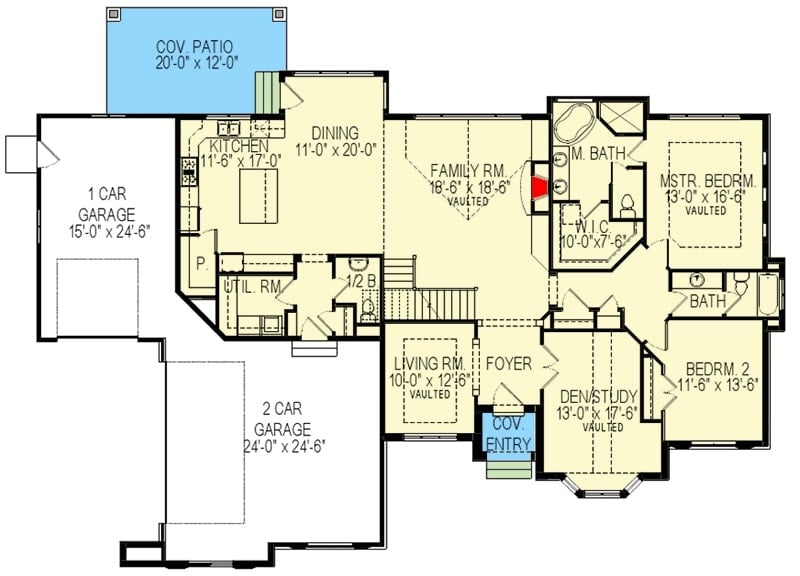 Main level floor plan of a two-story 6-bedroom craftsman home with foyer, family room, dining area, kitchen, den/study, utility room, and two bedrooms including the primary suite.