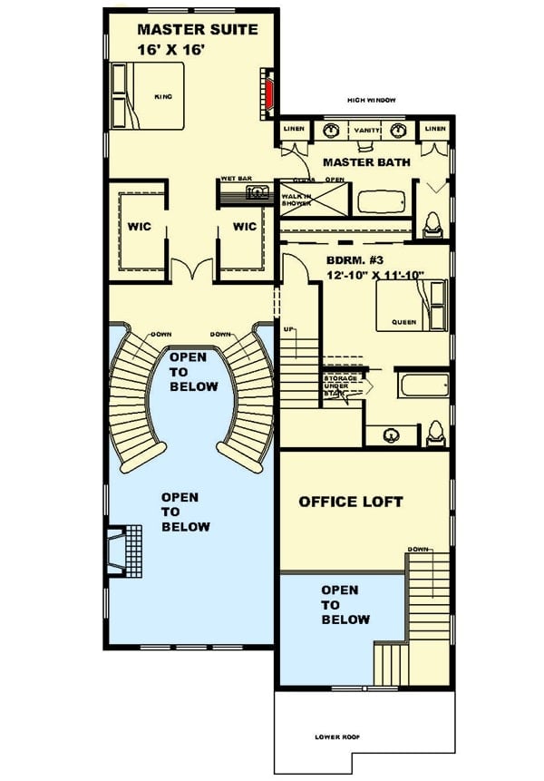 Second level floor plan with an office loft and two bedrooms including the primary suite.