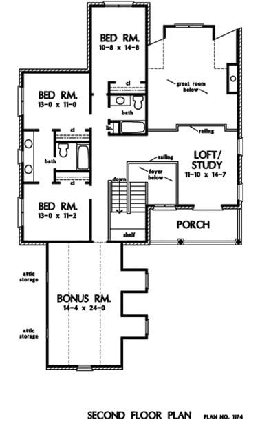 Second level floor plan with three bedrooms, a bonus room, and a study loft with covered porch.