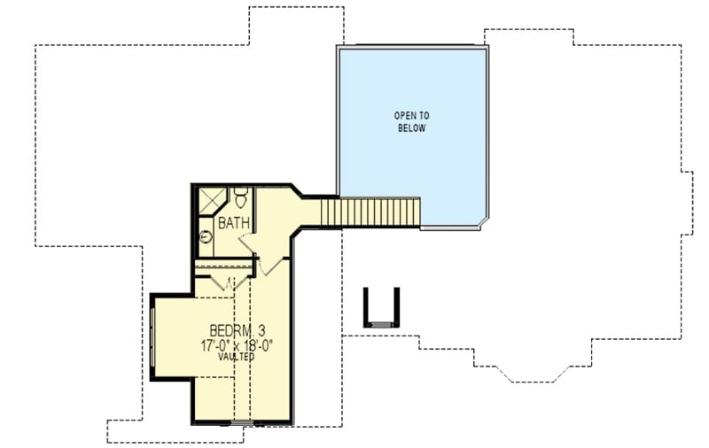 Second level floor plan with a bedroom and a full bath.