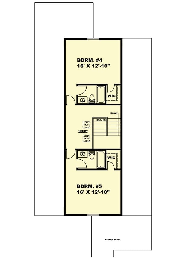 Third level floor plan with two bedrooms separated by a study.