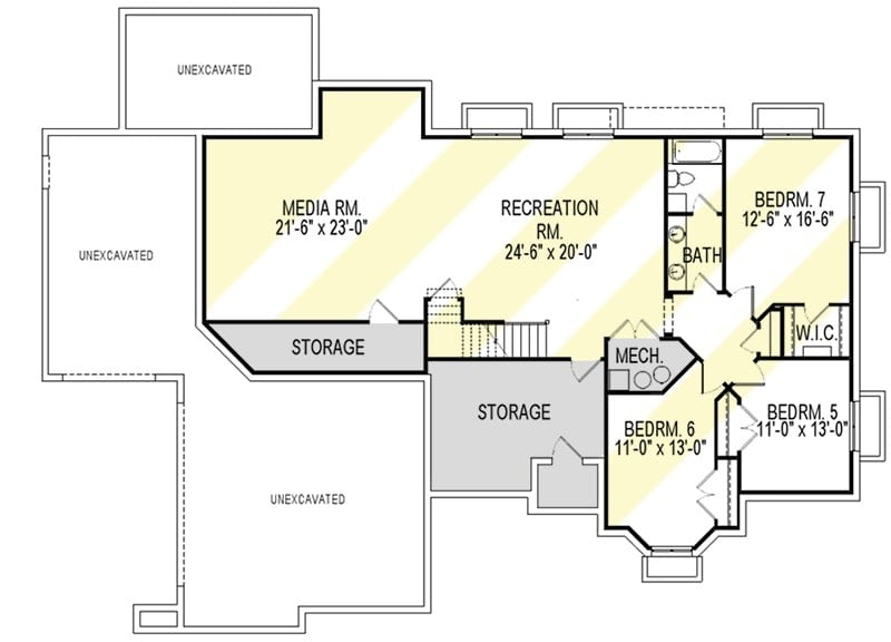 Lower level floor plan with three bedrooms, media room, recreation room, and plenty of storage spaces.