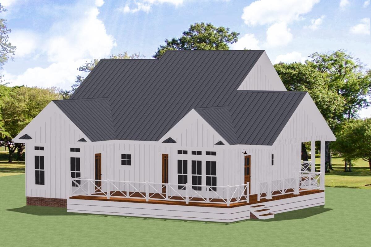 Rear rendering of the two-story 2-bedroom farmhouse.