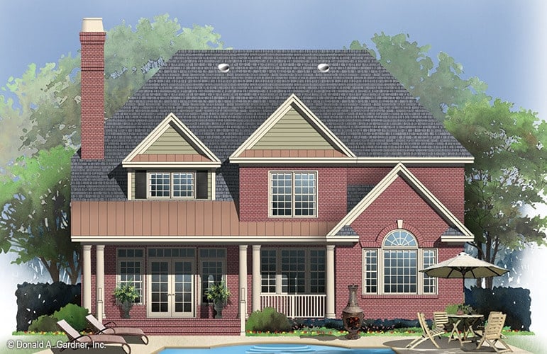 Rear rendering of the two-story 4-bedroom The Astoria colonial home.