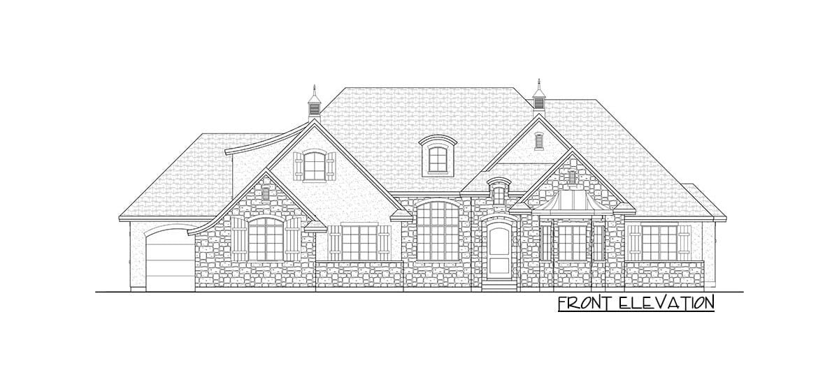 Front elevation sketch of the two-story 6-bedroom craftsman home.