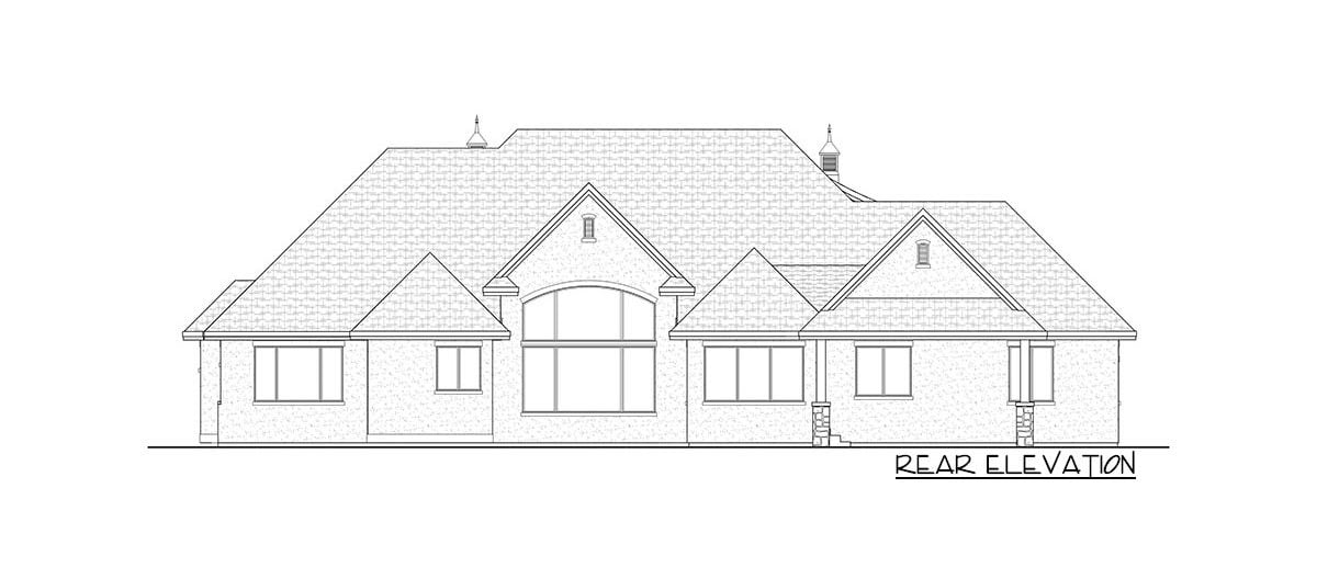 Rear elevation sketch of the two-story 6-bedroom craftsman home.