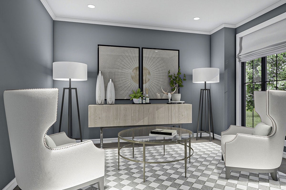 Elegant Grey and White Living Room with Geometric Flair