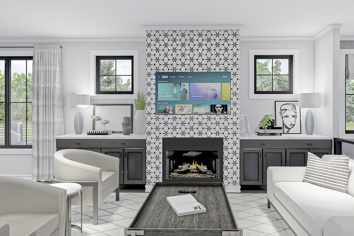 Symmetrical Living Room Design with Geometric Tile Fireplace