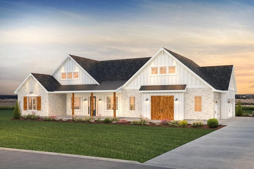 Front rendering of the 4-bedroom single-story New American farmhouse.