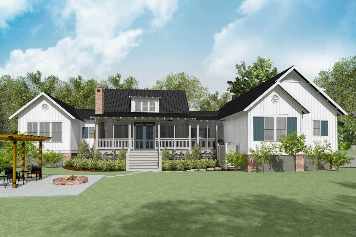 Rear rendering of the 4-bedroom two-story farmhouse.