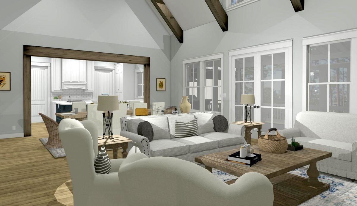 Spacious Living Room with High Ceilings and Warm Tones