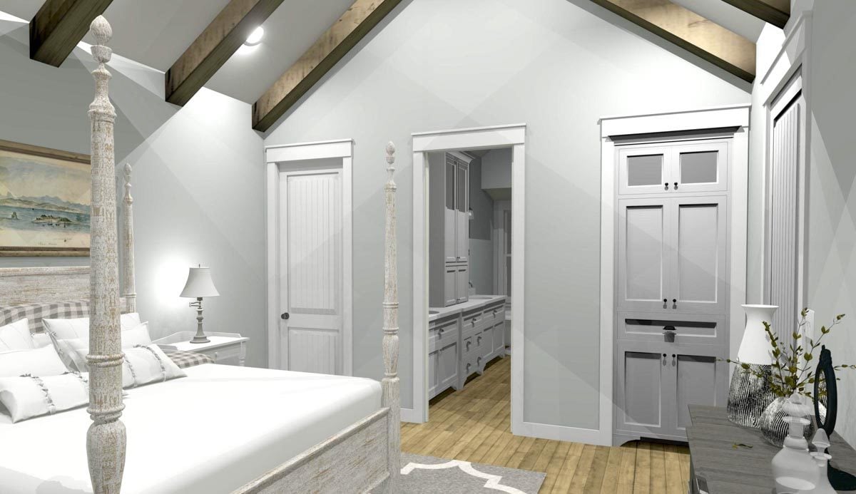 The primary bedroom includes a walk-in closet and a private bath enclosed in a pocket door.