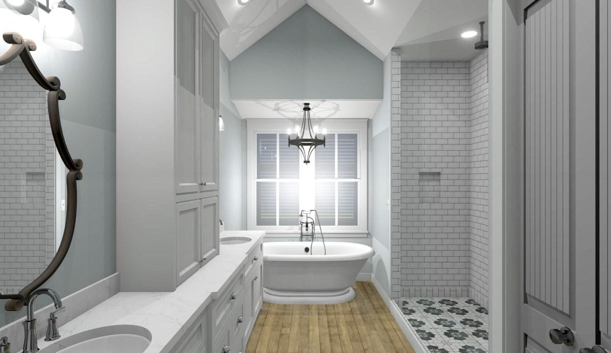 Elegant Bathroom Features Freestanding Tub and Vaulted Ceiling