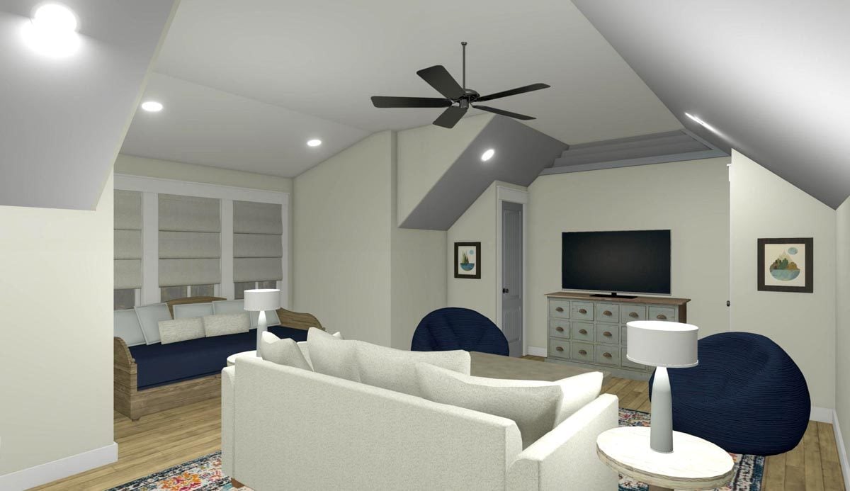 The bonus room is furnished with a white sofa, blue bean bag chairs, a wooden daybed, and a dresser topped with a TV.