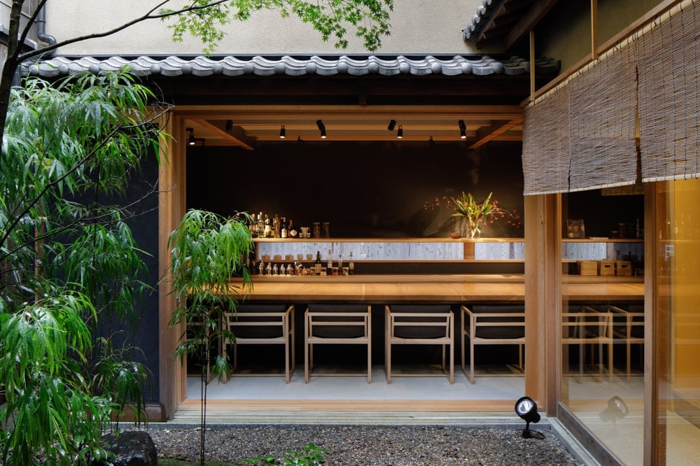 This is a view of the bar from the vantage of the zen garden just outside the wooden sliding doors.