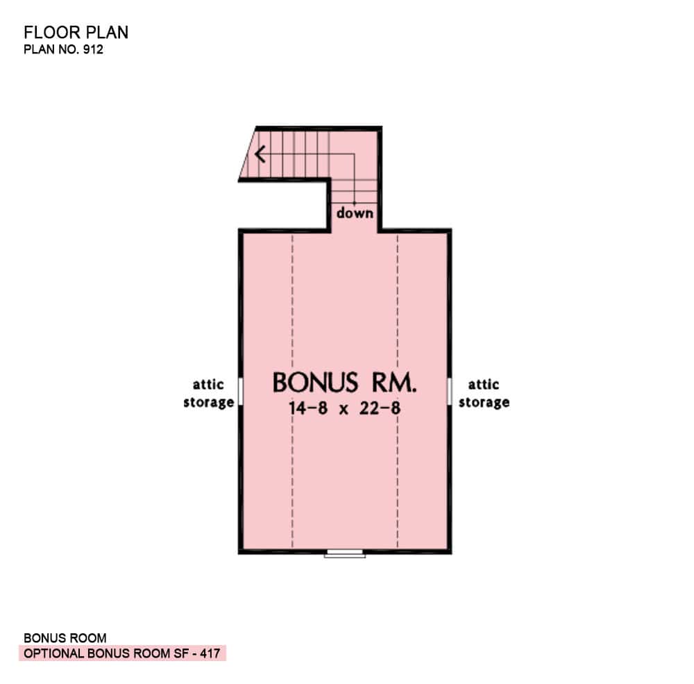 Bonus level floor plan showing the attic storage and a staircase leading down the main floor.