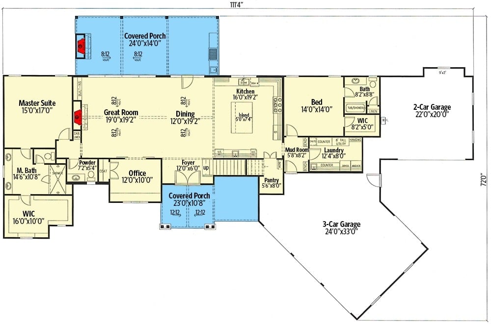 Main level floor plan of a 4-bedroom two-story country home with front and rear porches, foyer, great room, dining area, kitchen, office, two bedrooms, laundry room, and mudroom leading to the angled garage.
