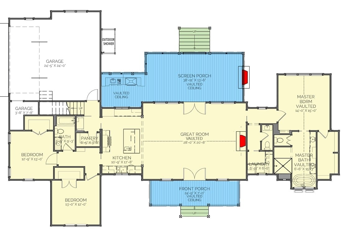 Main level floor plan of a 4-bedroom two-story farmhouse with front and screened porches, great room, kitchen, and three bedrooms including the primary suite.