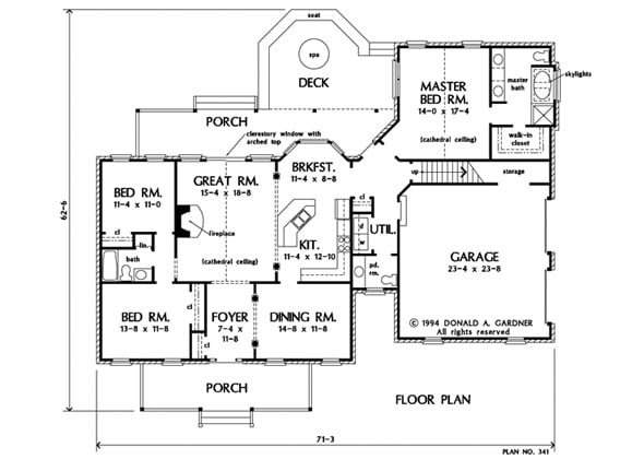 Main level floor plan of a 4-bedroom two-story farmhouse with front and rear porches, foyer, great room, formal dining room, kitchen with breakfast nook, and three bedrooms including the primary suite.