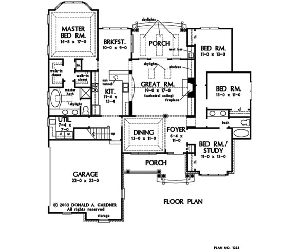 Main level floor plan of a single-story 4-bedroom traditional style The Lilycrest cottage with front and rear porches, foyer, great room, kitchen with breakfast nook, formal dining room, and utility room leading to the garage.