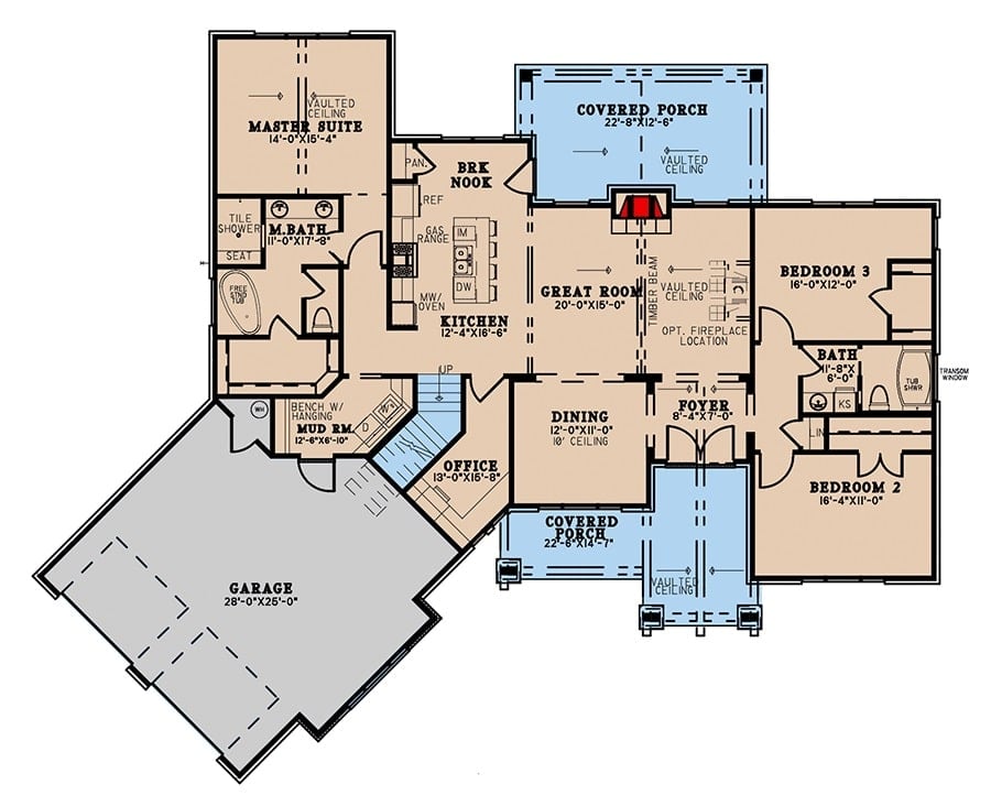 Main level floor plan of a two-story 3-bedroom mountain craftsman home with front and rear porches, foyer, formal dining room, kitchen with breakfast nook, great room, home office, and a mudroom leading to the angled garage.