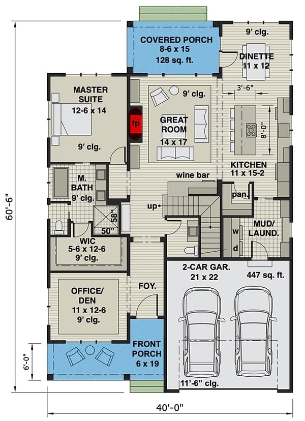 Main level floor plan of a two-story 4-bedroom New American home with front and rear porches, foyer, great room, dinette, kitchen, primary suite, office/den, and combined mudroom/laundry room that opens to the double garage.