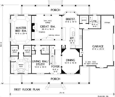 Main level floor plan of a two-story 4-bedroom The Hickory Ridge home with front and rear porches, foyer, great room, kitchen with breakfast nook, formal dining room, study, primary suite, and utility room leading to the double garage.