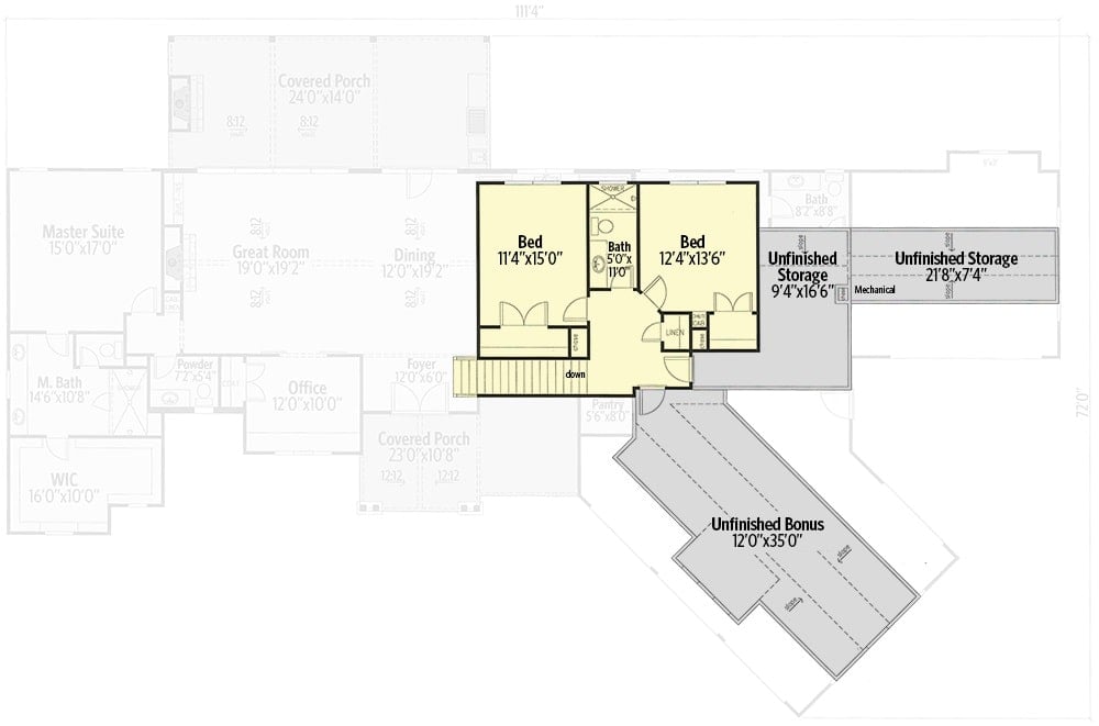 Second level floor plan with two bedrooms and a full bath.