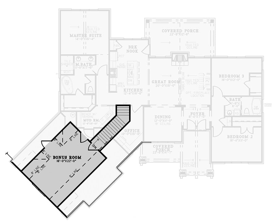 Second level floor plan with a bonus room above the angle garage.