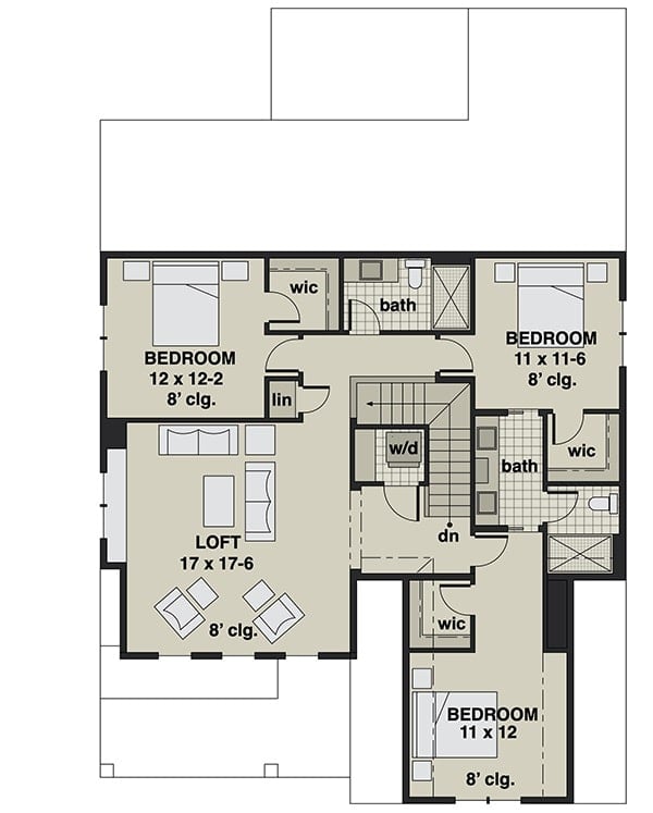 Second level floor plan with three bedrooms, two baths, and a spacious loft.