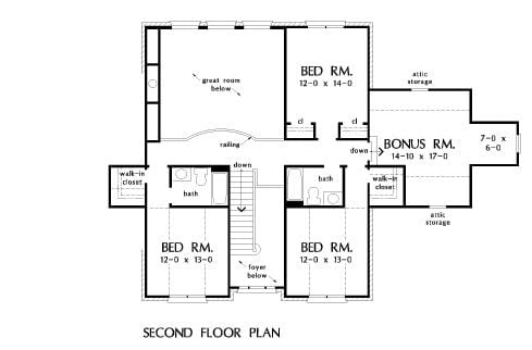 Second level floor plan with three bedrooms, two baths, and a bonus room.