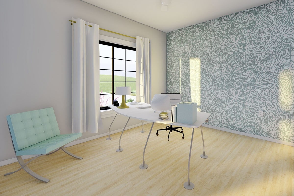 Bright Office Space with Intricate Floral Wallpaper