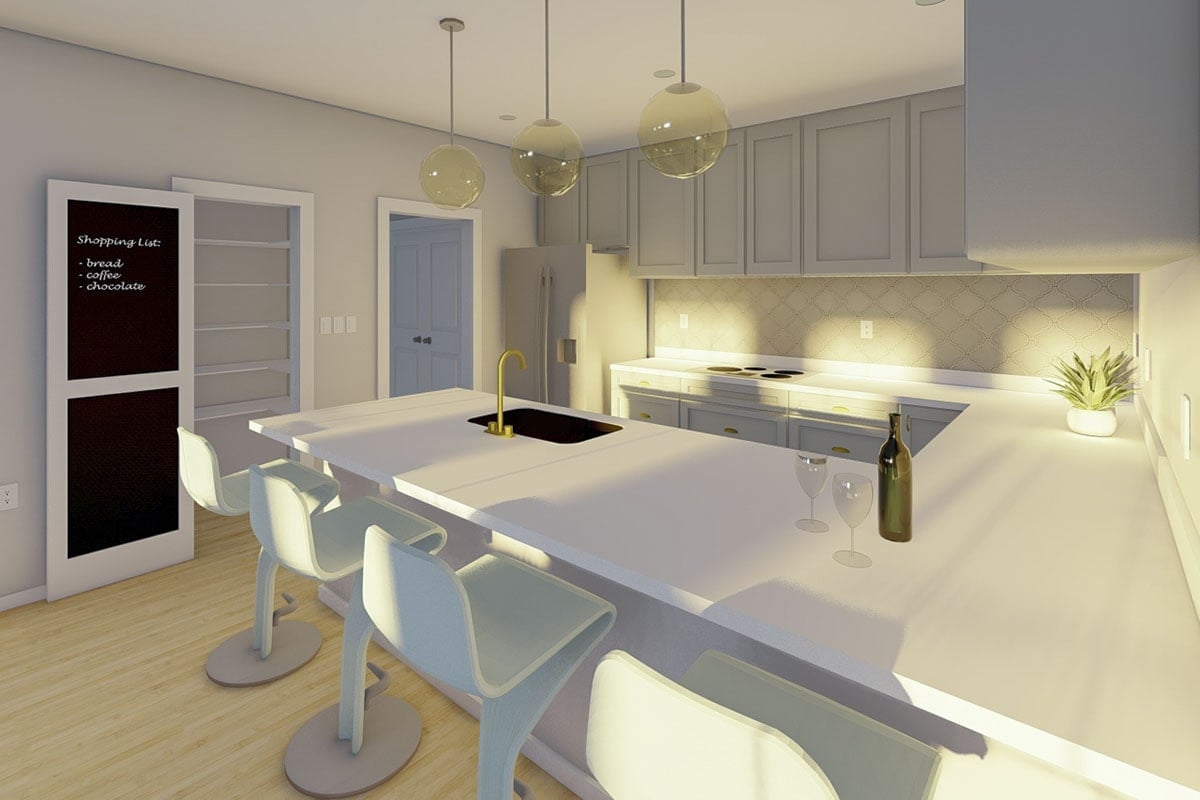 Sleek Kitchen with Illuminated White Island