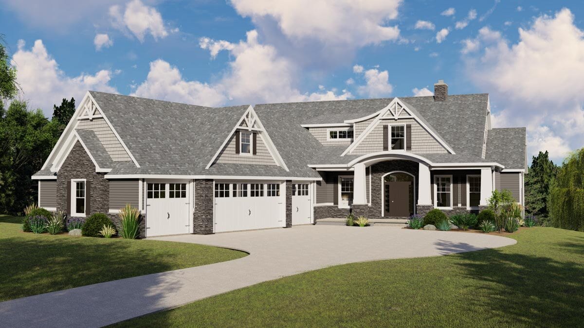 Textured Facade with Stone Accents and Arched Porch