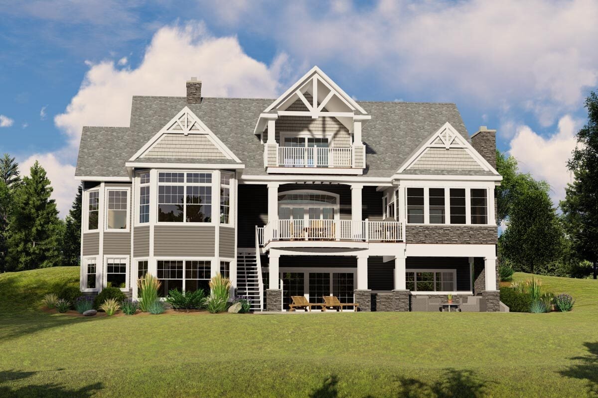 Gray Two-Story Home with a Stunning Central Balcony
