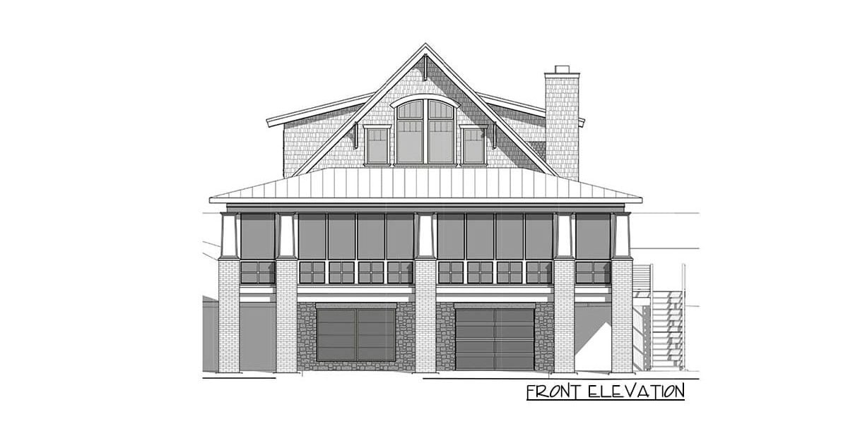 Front elevation sketch of the two-story 4-bedroom craftsman style exclusive vacation home.