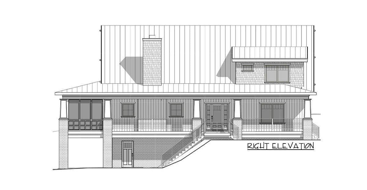 Right elevation sketch of the two-story 4-bedroom craftsman style exclusive vacation home.