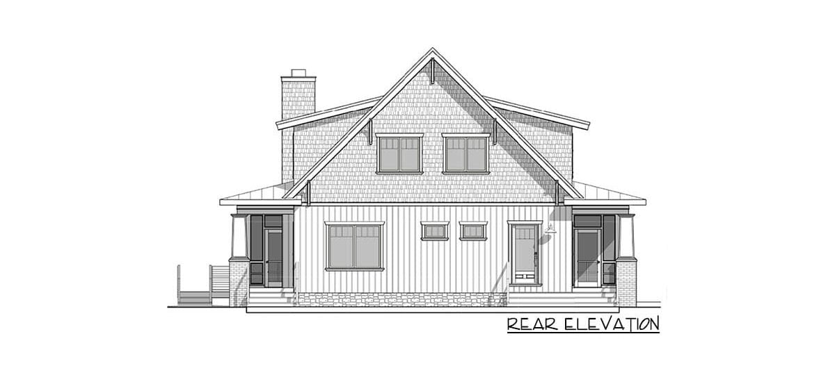 Rear elevation sketch of the two-story 4-bedroom craftsman style exclusive vacation home.