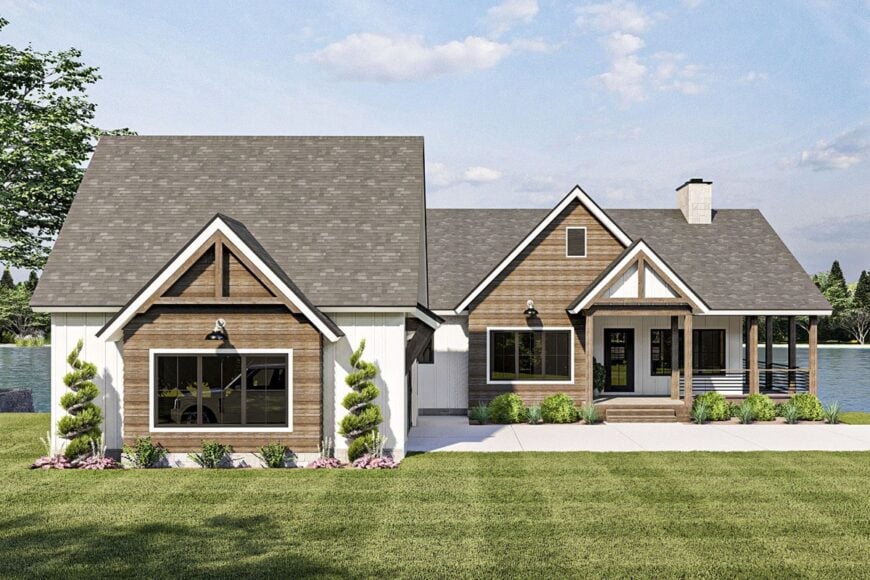 Front rendering of the 4-bedroom single-story craftsman-style lake house.