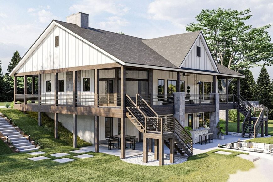 Rear-right rendering of the 4-bedroom single-story craftsman-style lake house.