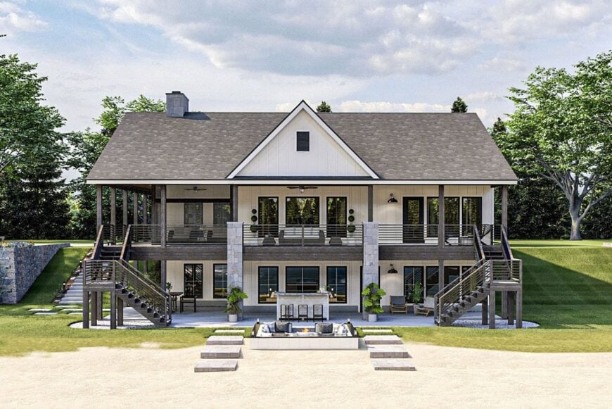 Rear rendering of the 4-bedroom single-story craftsman-style lake house.