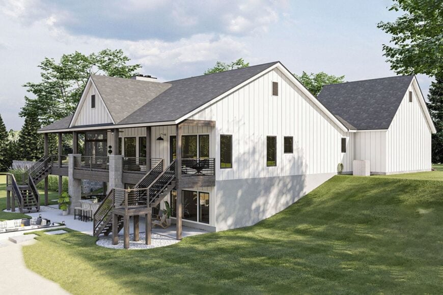 Rear-left rendering of the 4-bedroom single-story craftsman-style lake house.