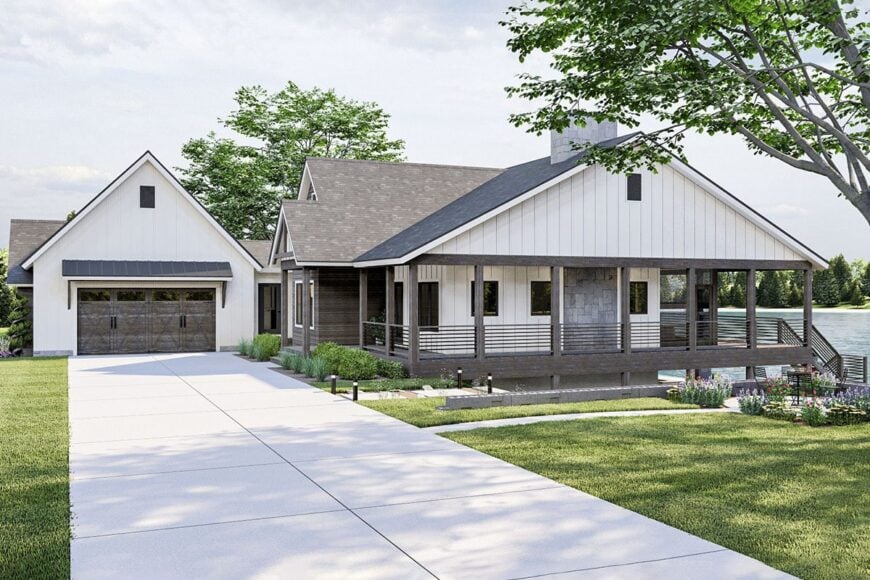 Right rendering of the 4-bedroom single-story craftsman-style lake house.