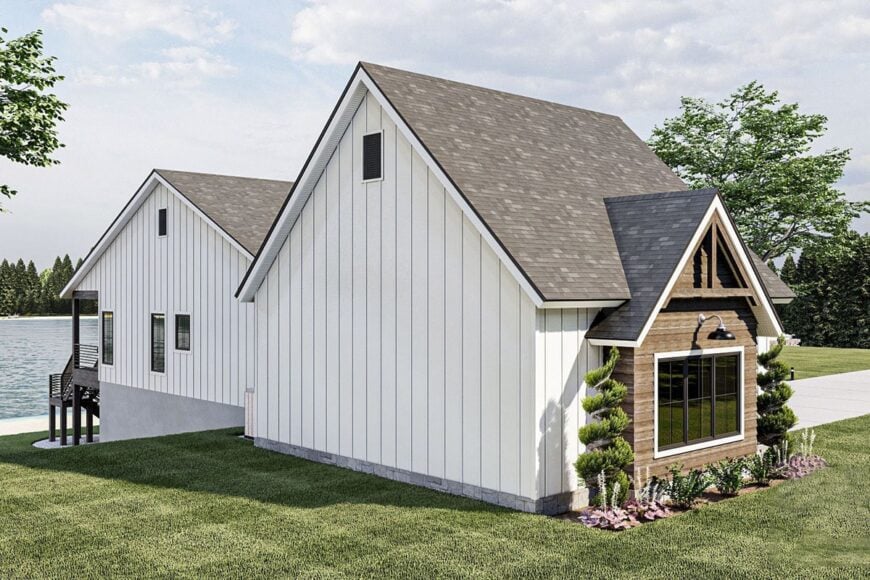Left rendering of the 4-bedroom single-story craftsman-style lake house.