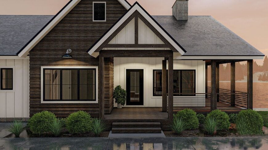 Sunset view of the 4-bedroom single-story craftsman-style lake house.