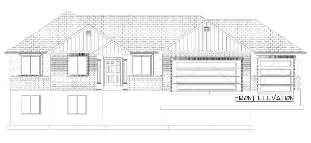 Front elevation sketch of the 5-bedroom single-story Northwest ranch.