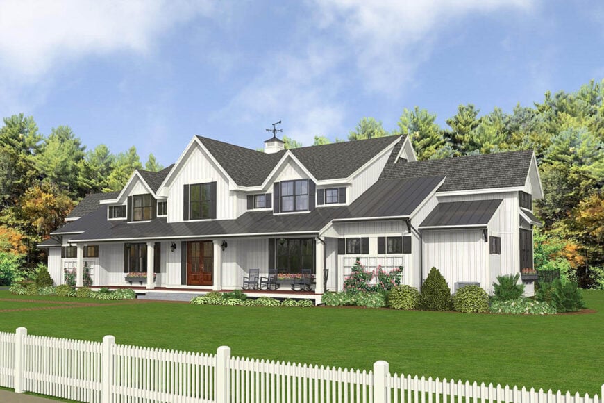 Front rendering of the 5-bedroom two-story modern country farmhouse.
