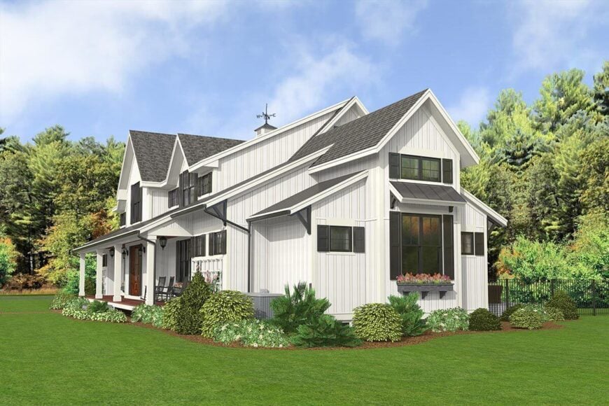 Front-right rendering of the 5-bedroom two-story modern country farmhouse.