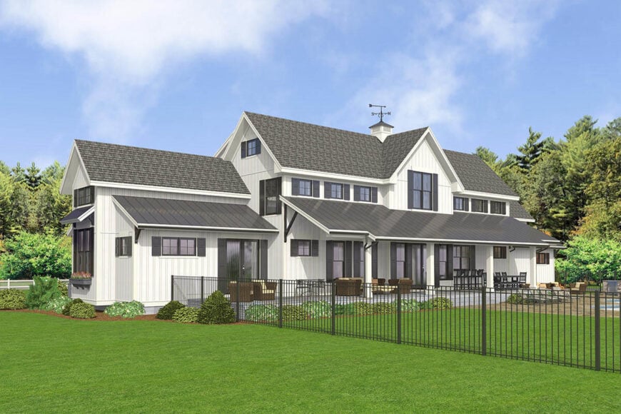 Right-rear rendering of the 5-bedroom two-story modern country farmhouse.