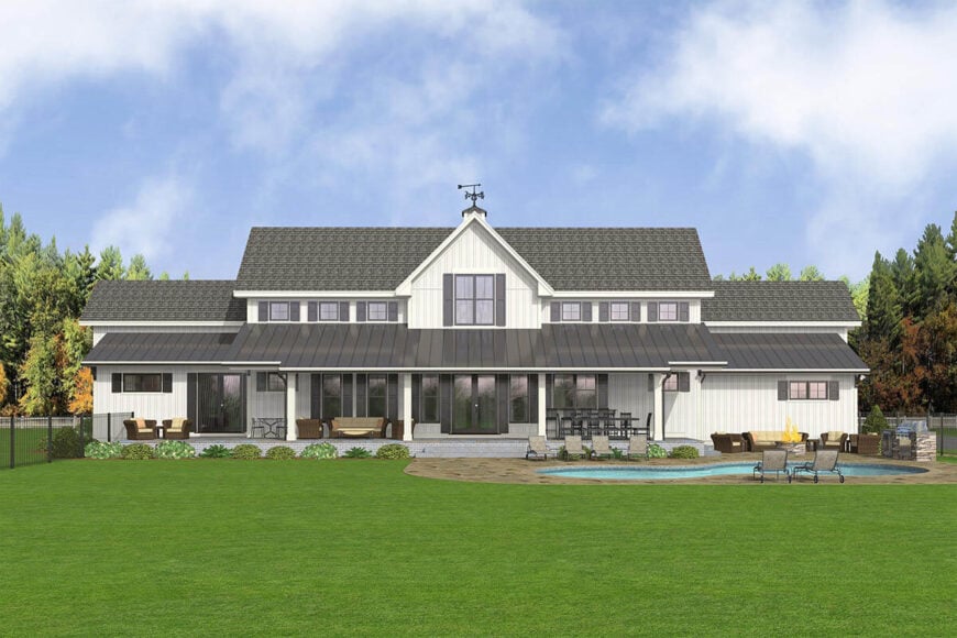 Rear rendering of the 5-bedroom two-story modern country farmhouse.